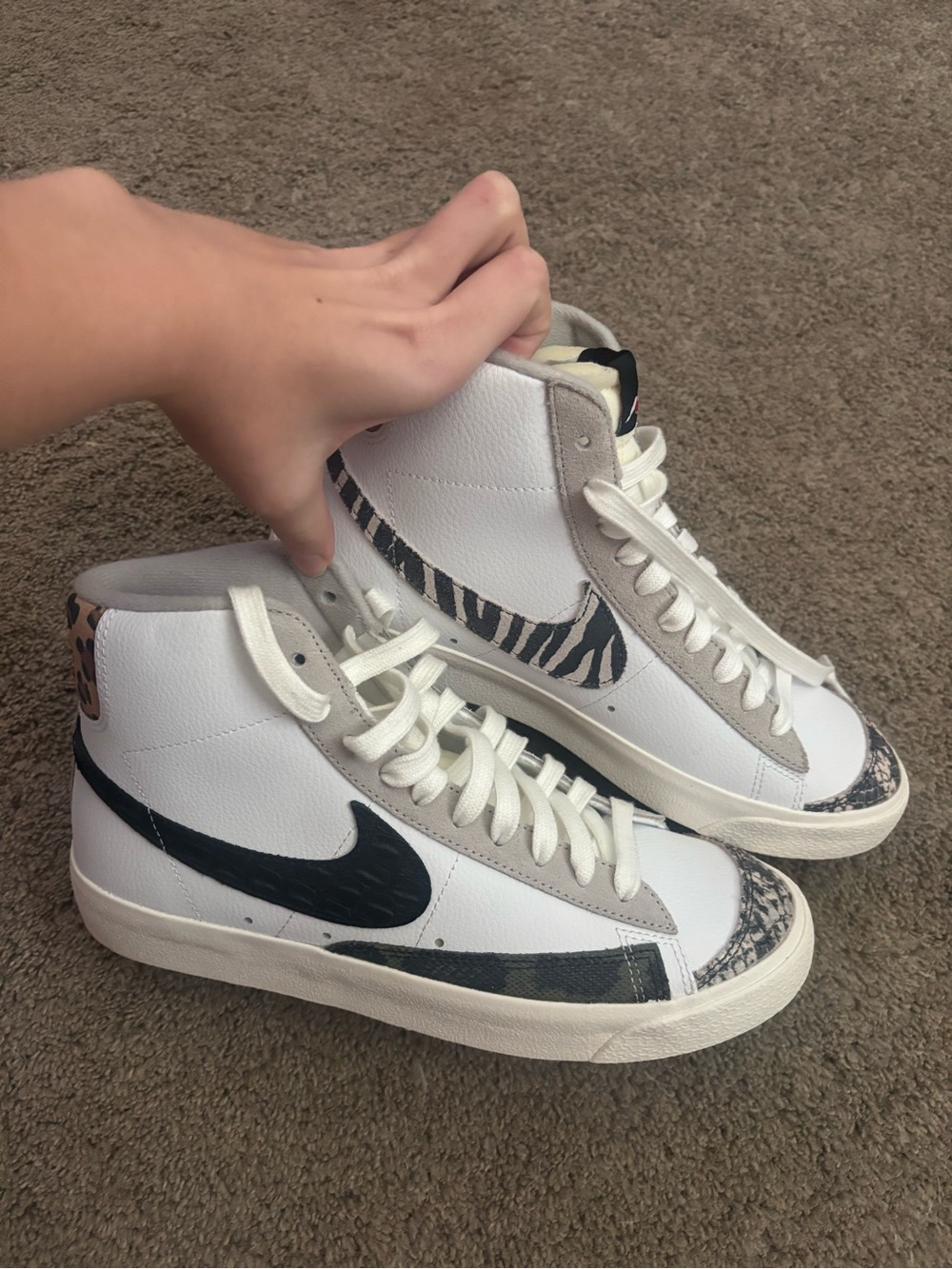 Nike Blazers; White High-Top Sneakers with Animal Print